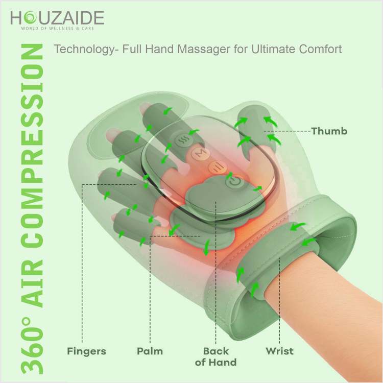 HOUZAIDE FlexiHeal Pro Electric Hand & Finger Massager – Air Compression & Acupressure Therapy for Pain Relief, Relaxation & Circulation – Unisex Wellness Device HA1301
