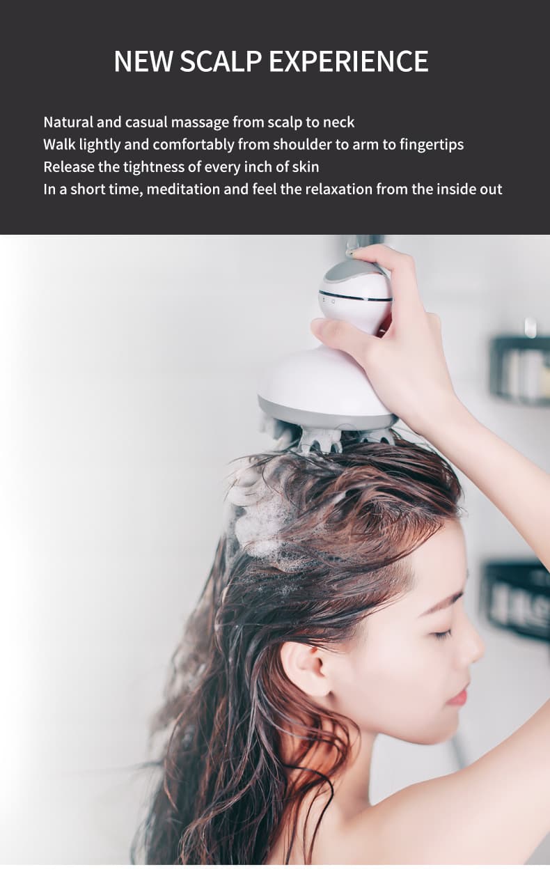 Smart Scalp Massager: Enjoy in-shower use with waterproof design for scalp cleansing during shampooing. Versatile for whole-body relaxation. Elevate your wellness routine. #ScalpMassager #WaterproofDesign