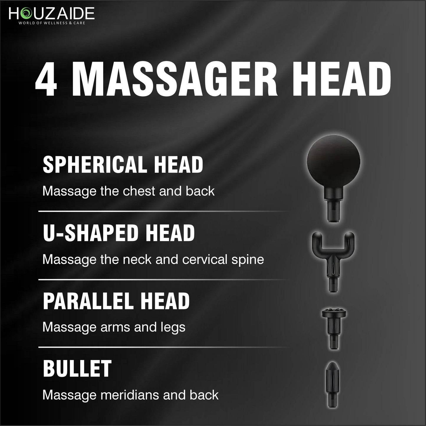 Four massage heads for Shakti Pro Massager Gun design for muscle relief