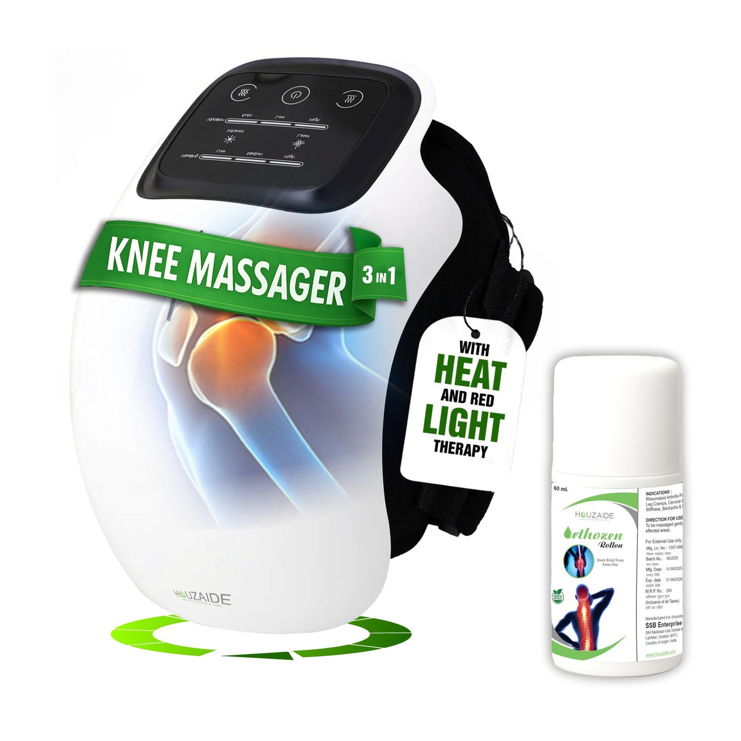 HOUZAIDE Smart Knee Massager for joint pain relief- Physiotherapy for Arthritis Pain, Cramps, Knee Pain Relief, Knee Heat Therapy with Orthozen Roll-on