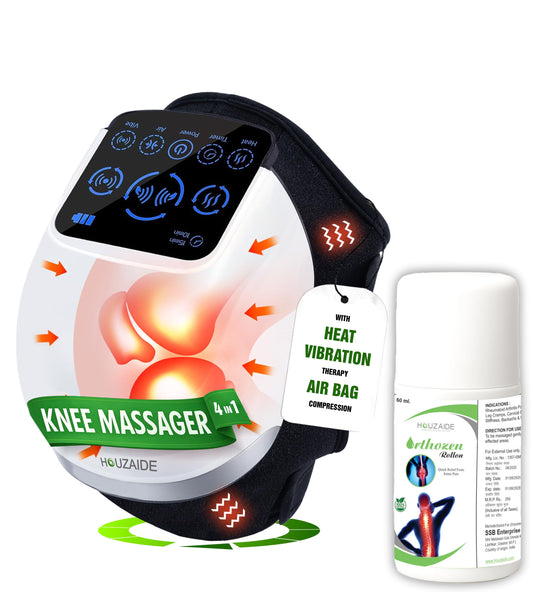 HOUZAIDE Smart Knee Massager for joint pain relief | Advance upgraded version with human hand like massage, vibration and heat therapy with Orthozen Roll-on HA203WR