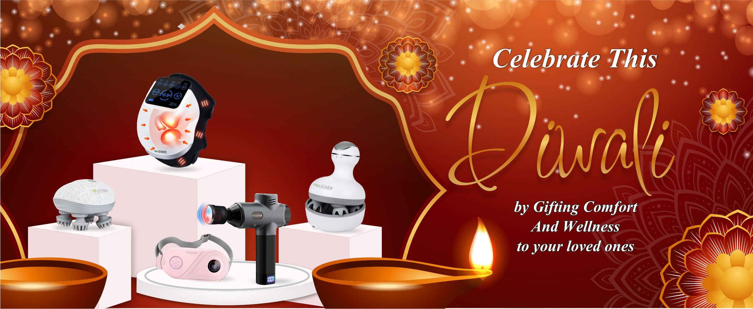 Houzaide Diwali banner showcasing premium wellness massagers – scalp massager, knee massager, massage gun, and eye massager. Perfect festive gift for relaxation, comfort, and pain relief.