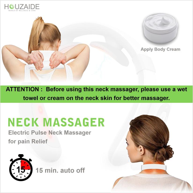 How to use Houzaide HA501 neck massager – apply body cream or wet towel before use, 15-minute auto shut-off safety feature