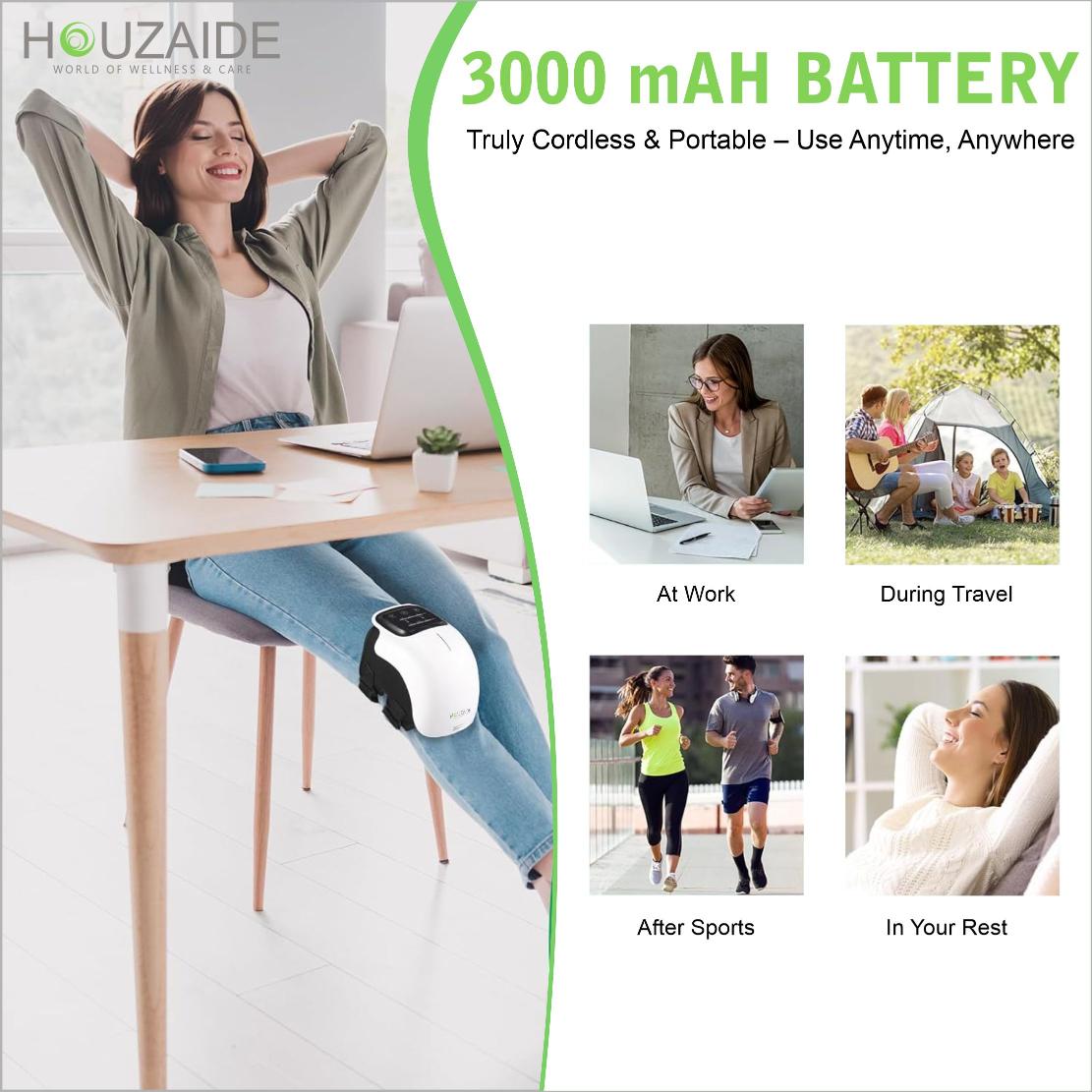 Houzaide cordless knee massager with 3000mAh battery – portable therapy device for use at work, during travel, after sports, or while relaxing