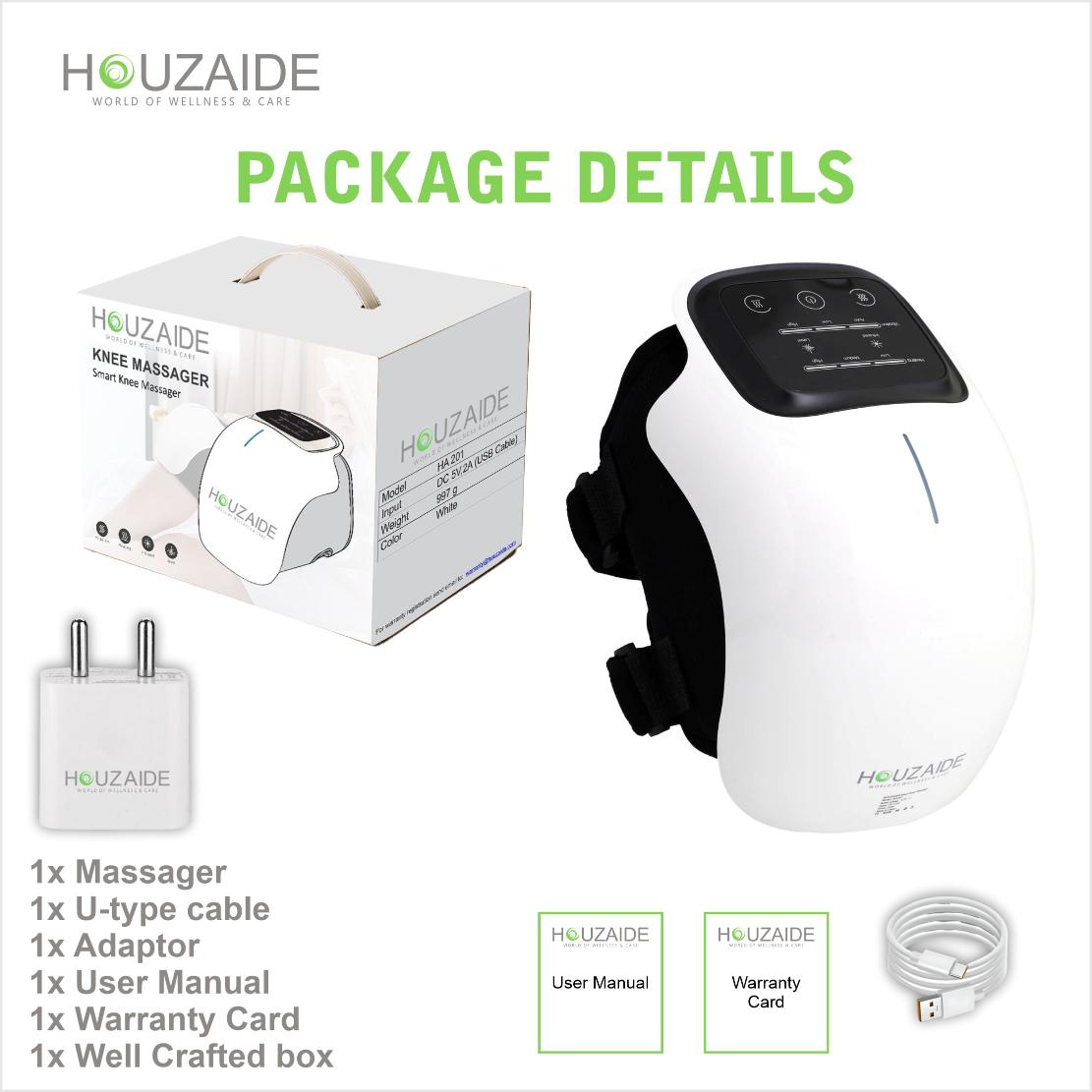 Houzaide knee massager package contents – includes massager device, USB Type-C cable, adapter, user manual, warranty card, and premium packaging