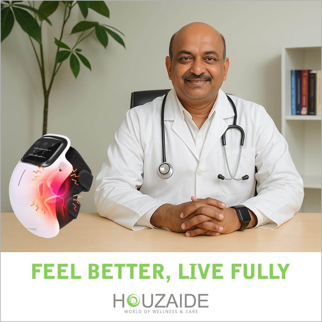 Indian doctor recommending Houzaide knee massager with red light therapy for joint pain relief and better mobility – medical endorsement visual