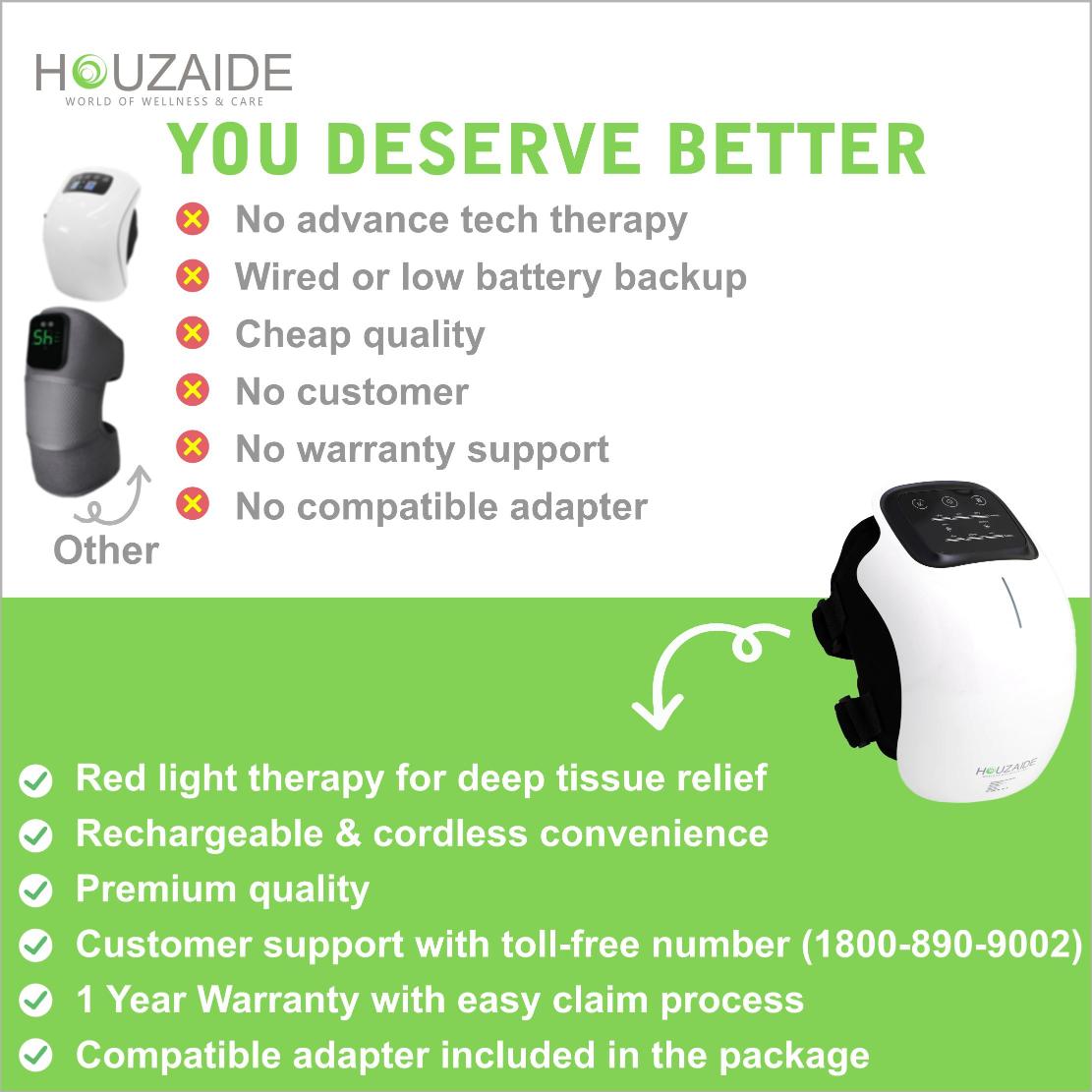 Houzaide knee massager vs other brands – red light therapy, cordless design, premium quality, 1-year warranty, and toll-free customer support