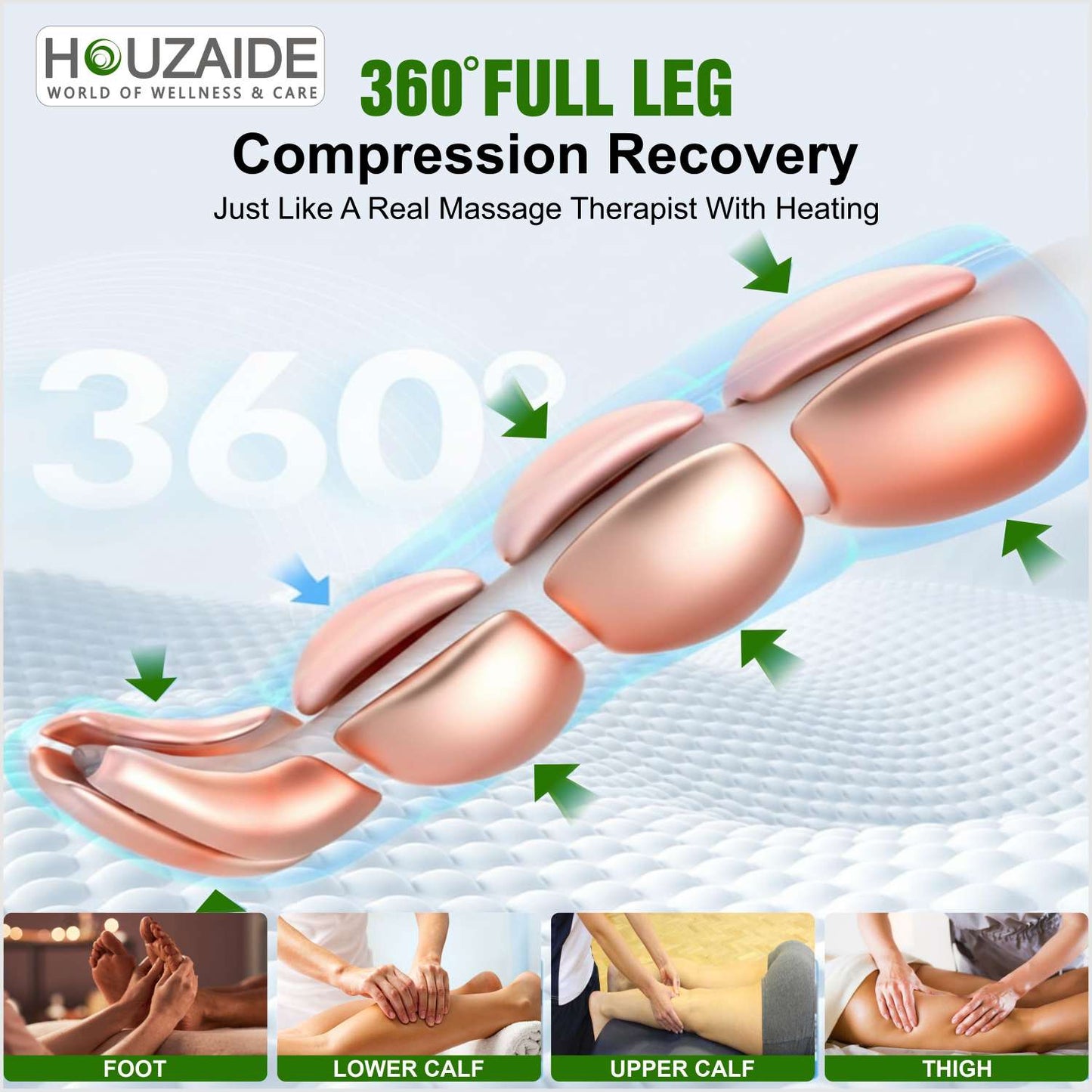 Houzaide Leg Compression Massager with HEAT for Foot Calf & Thigh Recovery | Full Leg Massager for Blood Circulation and Pain Relief | 6 Mode, 4 Zones, 3 Intensity, 3 heating level | HA1203