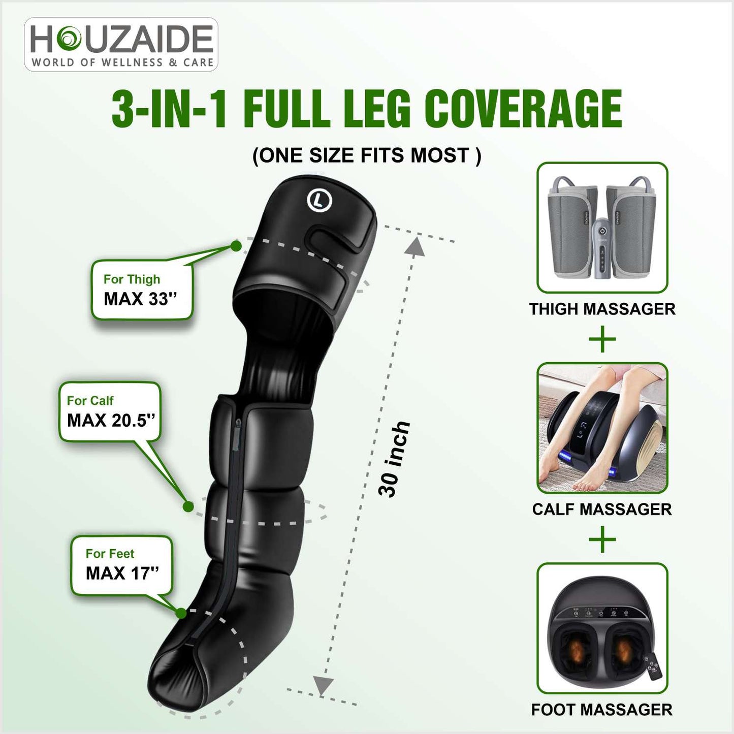 Houzaide Leg Compression Massager with HEAT for Foot Calf & Thigh Recovery | Full Leg Massager for Blood Circulation and Pain Relief | 6 Mode, 4 Zones, 3 Intensity, 3 heating level | HA1203