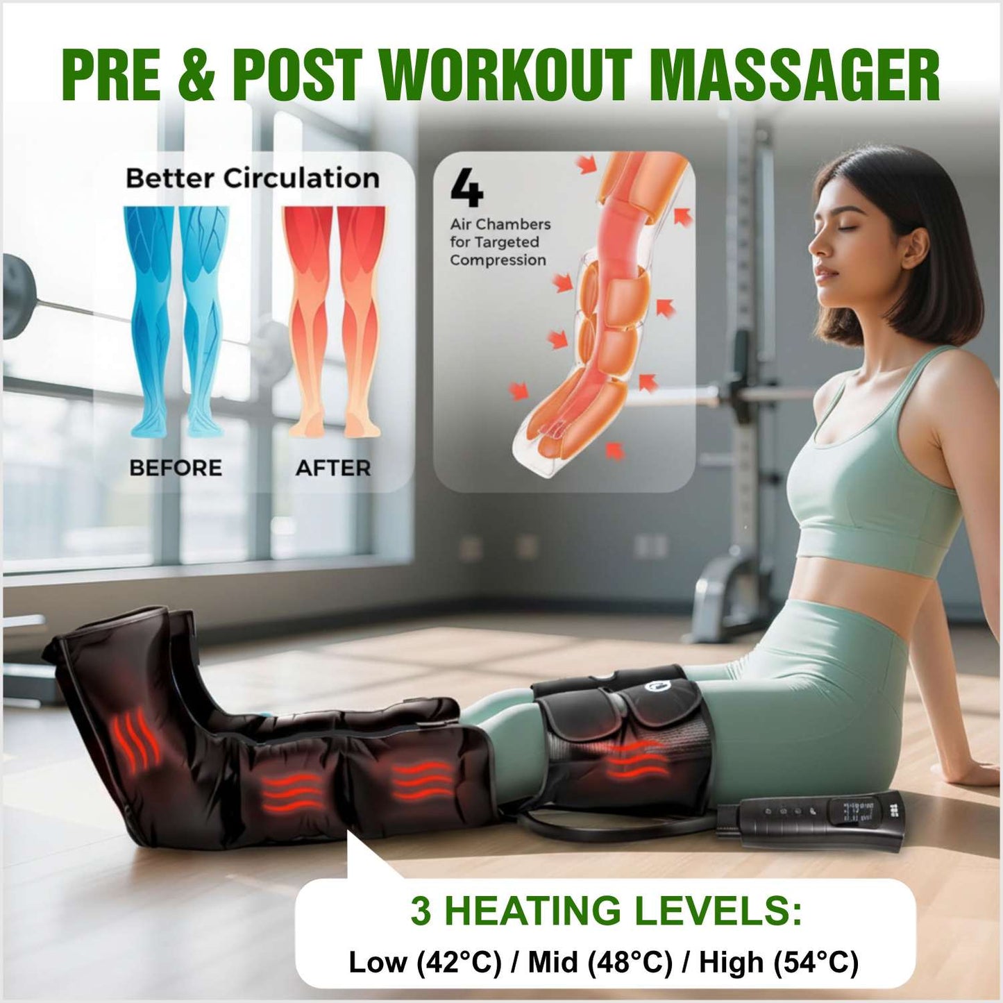 Houzaide Leg Compression Massager with HEAT for Foot Calf & Thigh Recovery | Full Leg Massager for Blood Circulation and Pain Relief | 6 Mode, 4 Zones, 3 Intensity, 3 heating level | HA1203