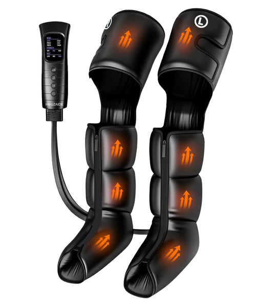 Houzaide Leg Compression Massager with HEAT for Foot Calf & Thigh Recovery | Full Leg Massager for Blood Circulation and Pain Relief | 6 Mode, 4 Zones, 3 Intensity, 3 heating level | HA1203