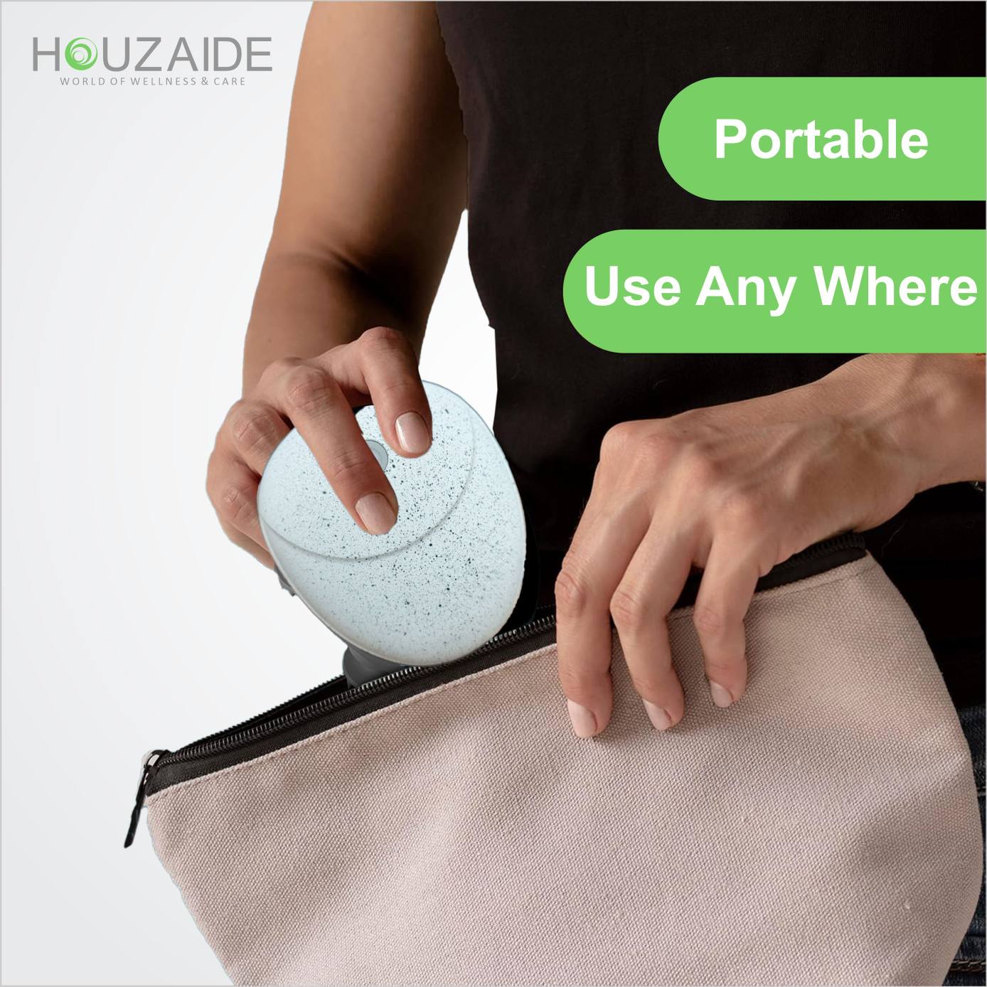 Houzaide portable scalp massager with compact cordless design — travel-friendly and easy to carry in bag for use anywhere, anytime
