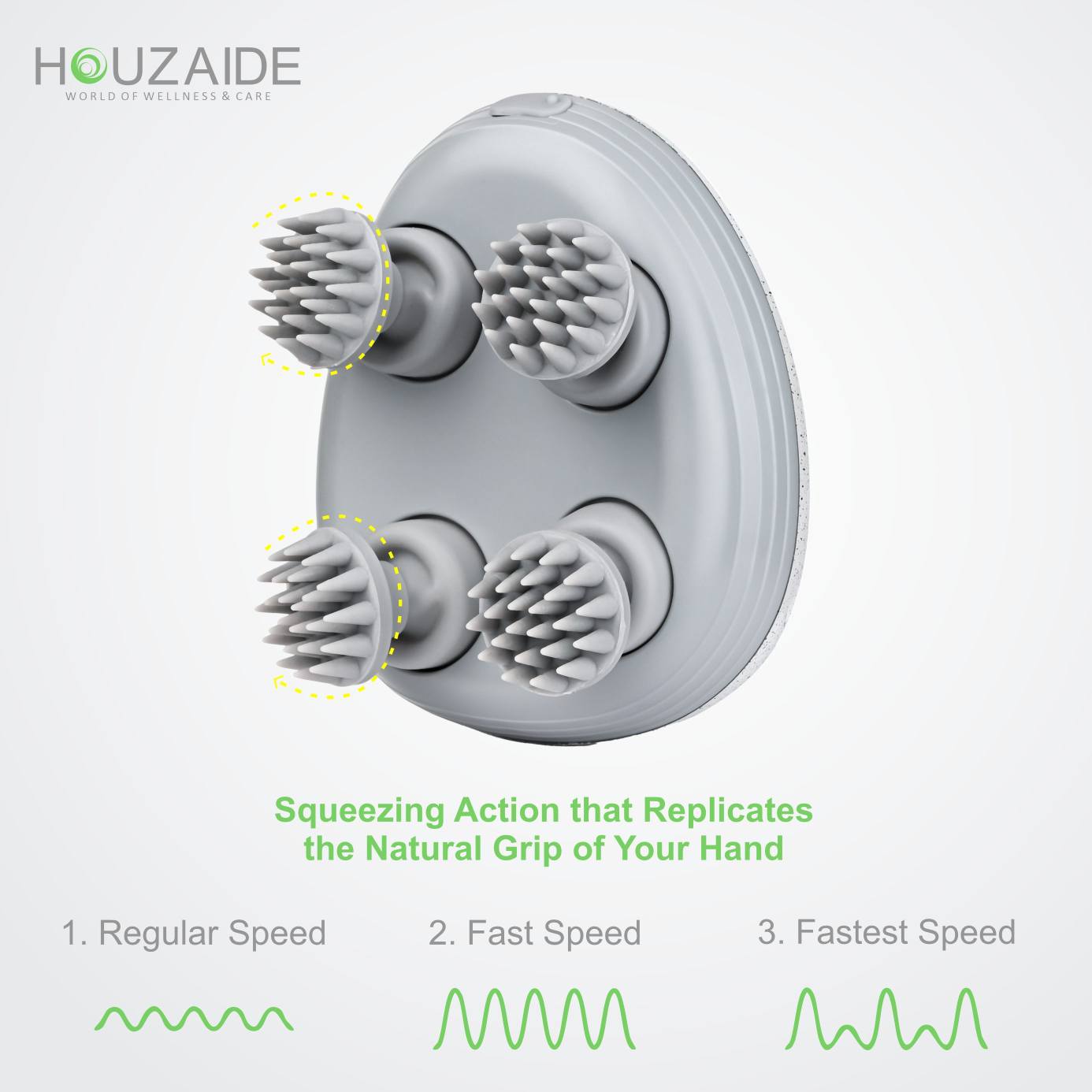 Houzaide scalp massager features soft silicone nodes with kneading motion that mimics natural hand grip — adjustable to 3 speed levels for deep stimulation