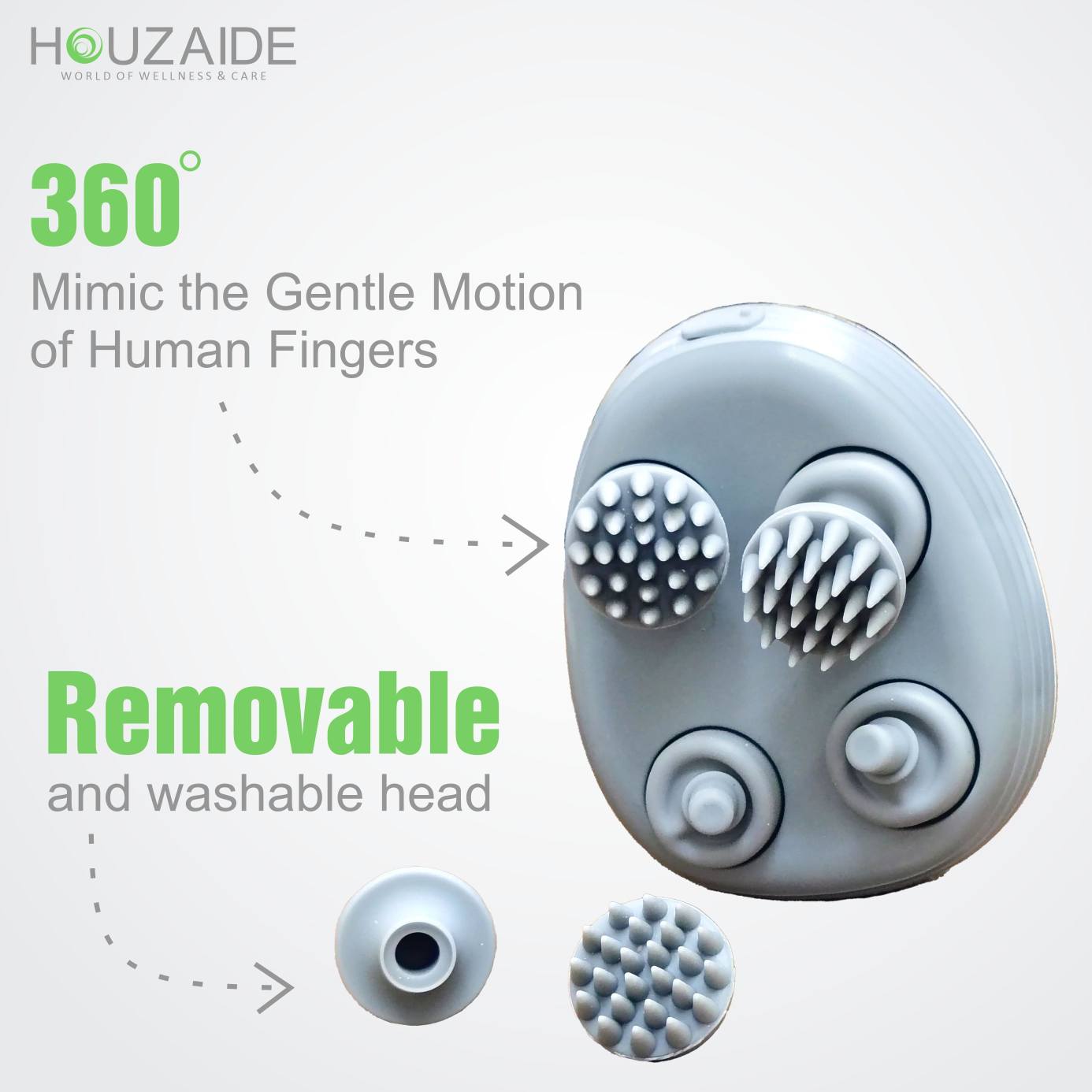 Houzaide scalp massager with 360-degree rotating silicone nodes that mimic the gentle motion of human fingers — features removable and washable massage heads