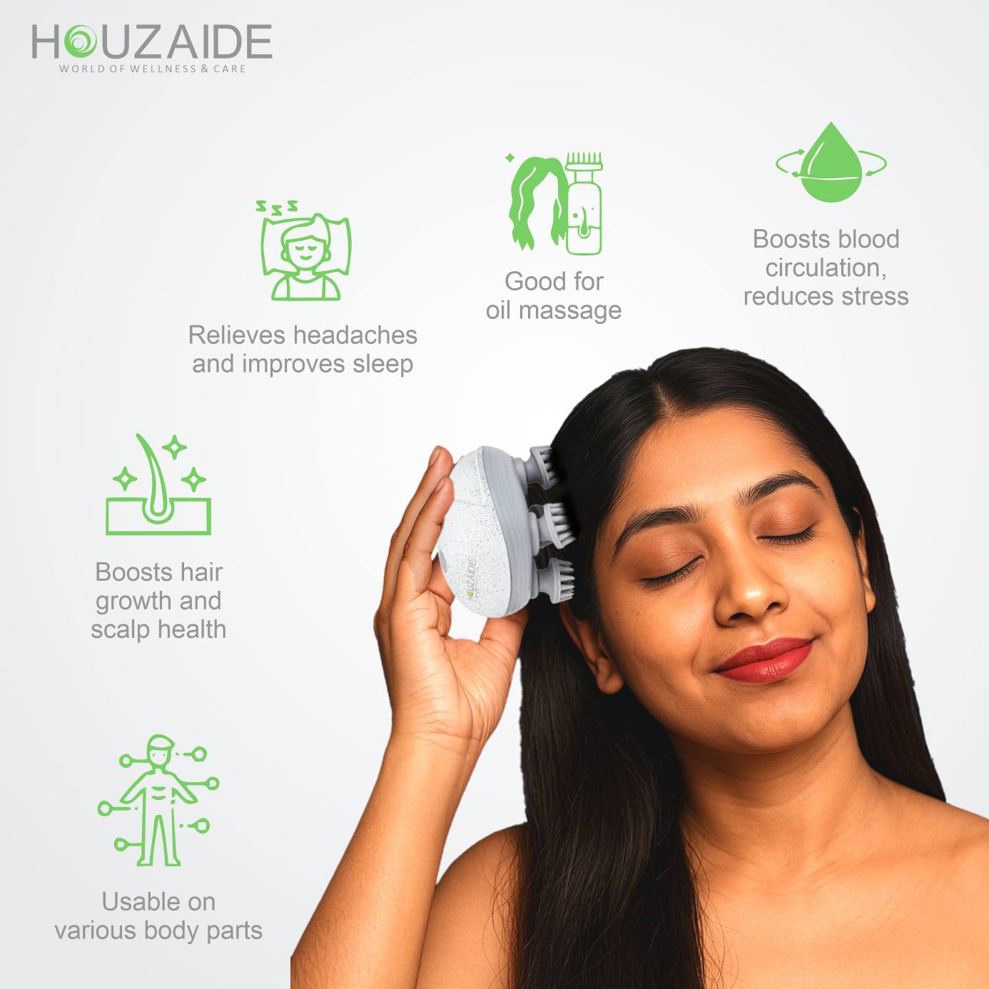 Houzaide scalp massager enhances hair growth, relieves headaches, improves sleep, boosts blood circulation, reduces stress, and is ideal for oil massage and full-body use

