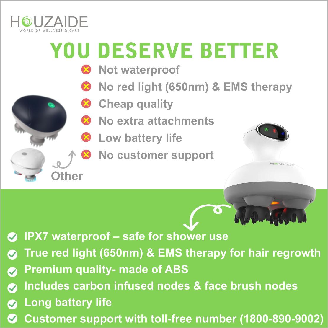 Houzaide premium scalp massager with red light (650nm), EMS therapy, IPX7 waterproof design, carbon-infused nodes, and long battery life — compared to other low-quality brands