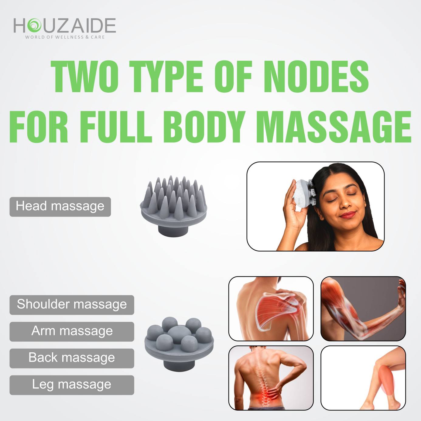 Houzaide scalp and body massager with two types of detachable nodes for head, shoulder, arm, back, and leg massage — promotes full-body stress relief
