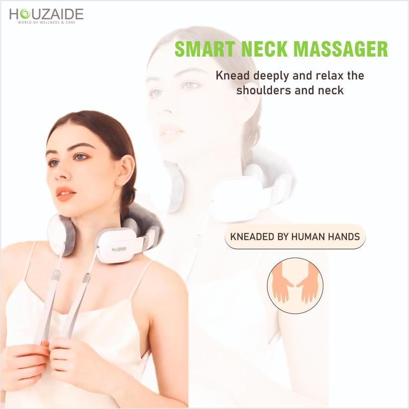 Neck massager featuring human-hand mimicking massage heads for cervical and shoulder relief

