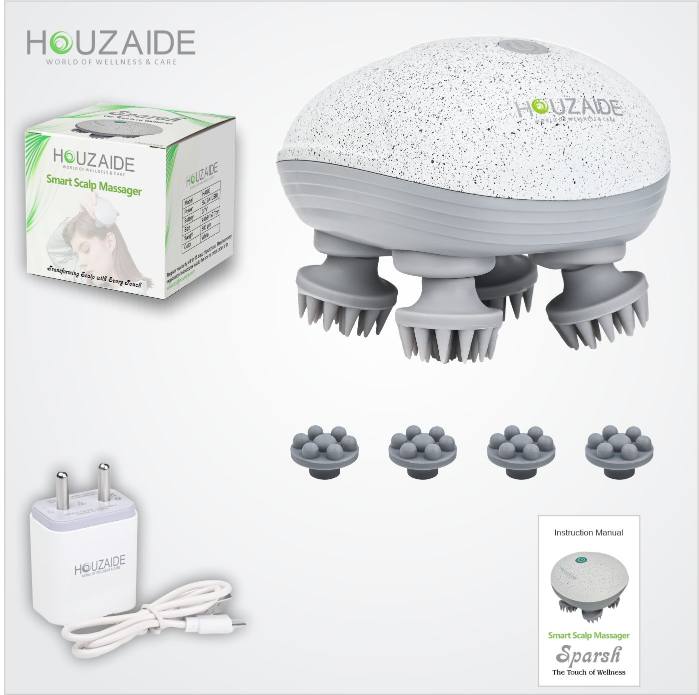 Houzaide Sparsh scalp massager package includes device, soft and kneading silicone nodes, USB charger, adapter, instruction manual, and retail gift box
