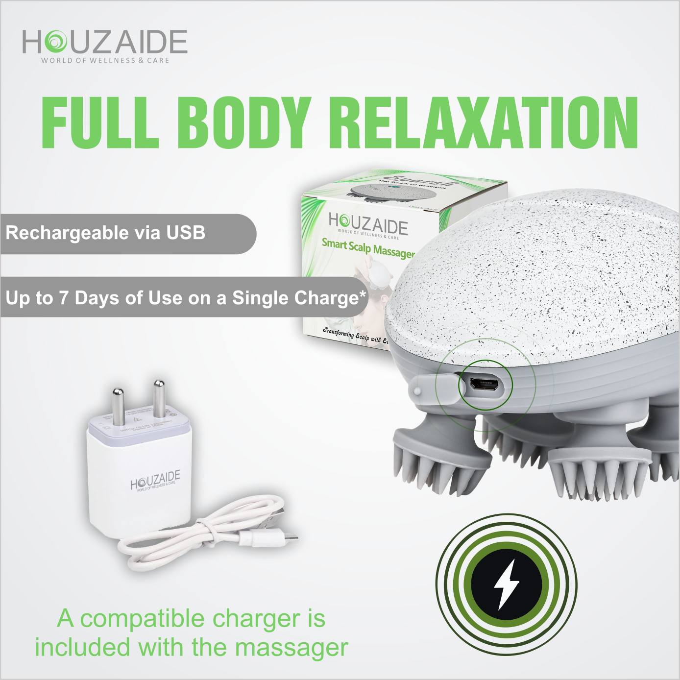 Houzaide Sparsh scalp massager provides full body relaxation, USB rechargeable with up to 7 days of use per charge, and includes a compatible charger in the box