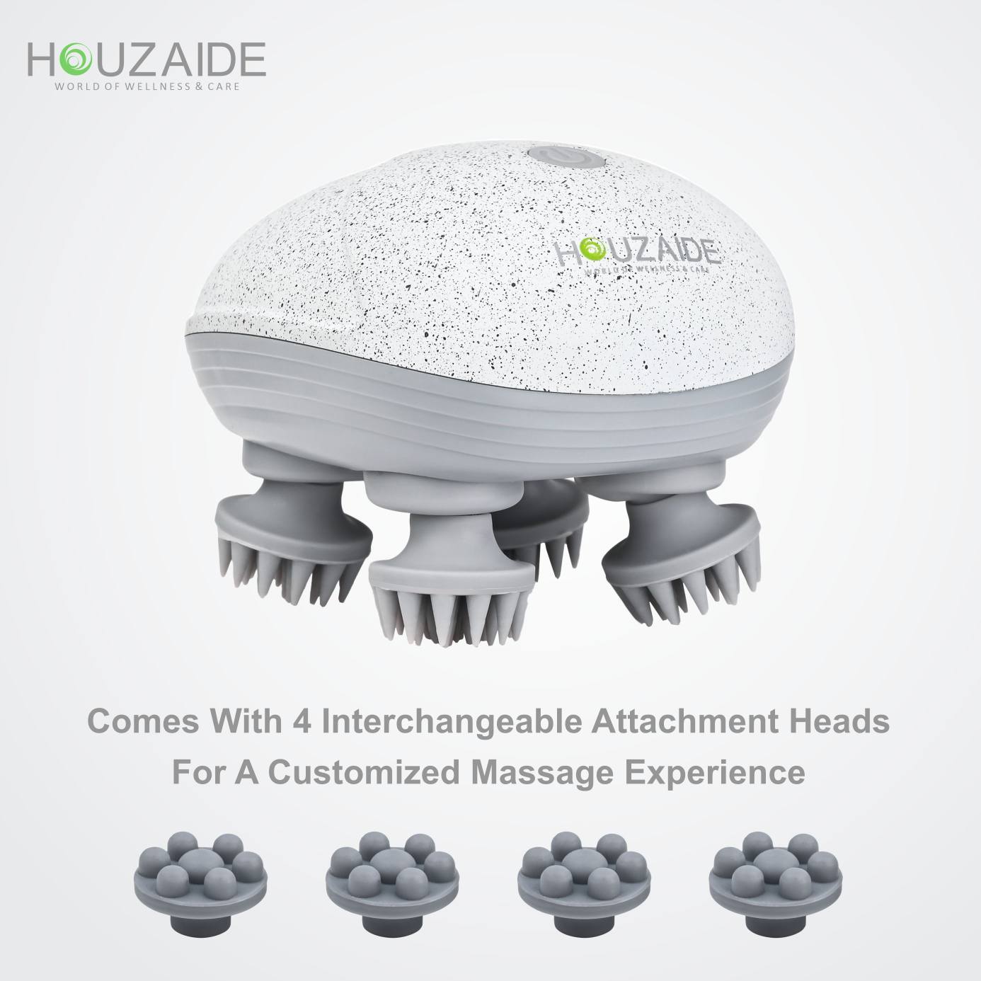 Houzaide Sparsh scalp massager with 4 interchangeable silicone massage nodes for a fully customized head and body massage experience