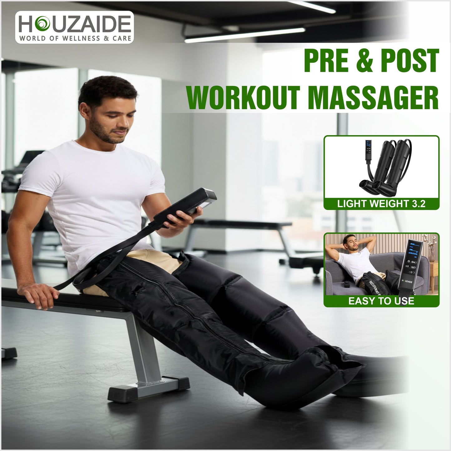 Houzaide Leg Compression Massager for Foot Calf & Thigh Recovery | Full Leg Massager for Blood Circulation and Pain Relief | 6 Mode, 4 Zones, 9 Intensity | 1 Year Warranty HA1202