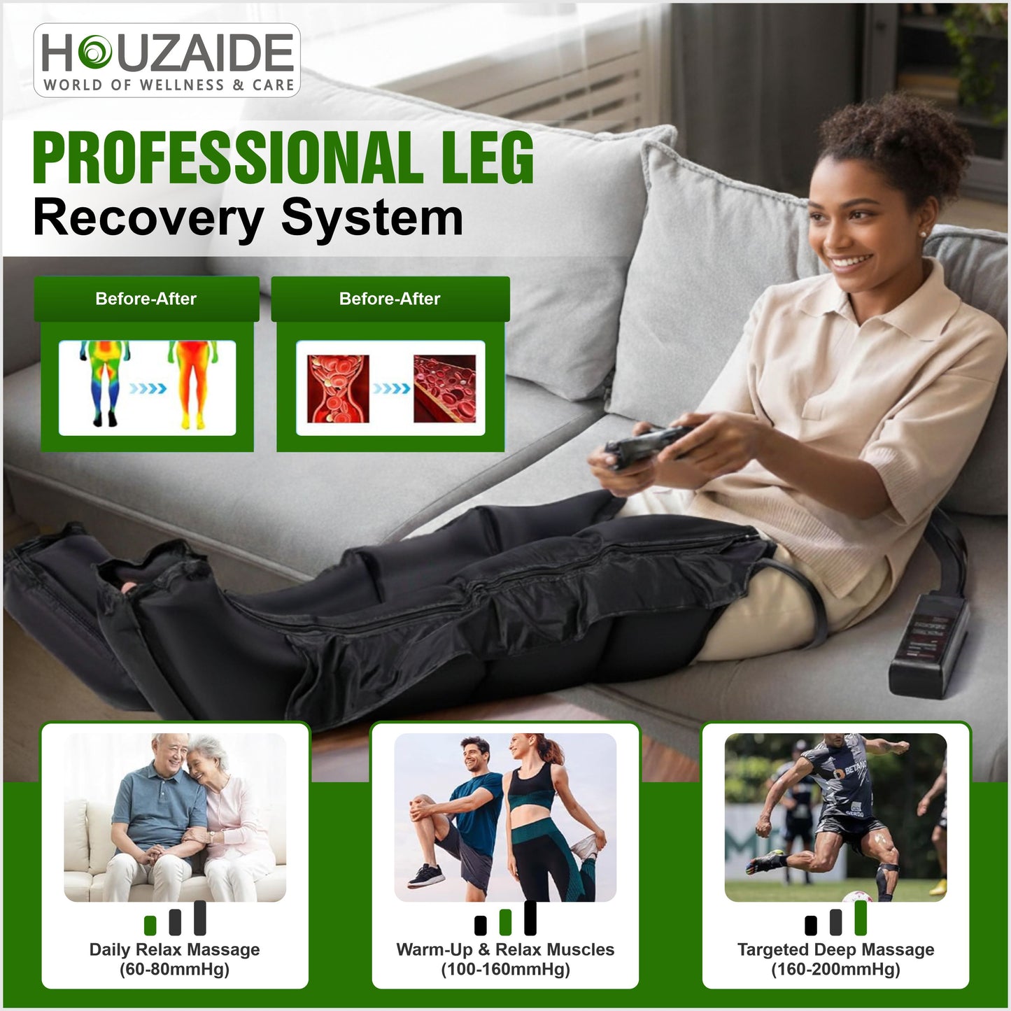 Houzaide Leg Compression Massager for Foot Calf & Thigh Recovery | Full Leg Massager for Blood Circulation and Pain Relief | 6 Mode, 4 Zones, 9 Intensity | 1 Year Warranty HA1202