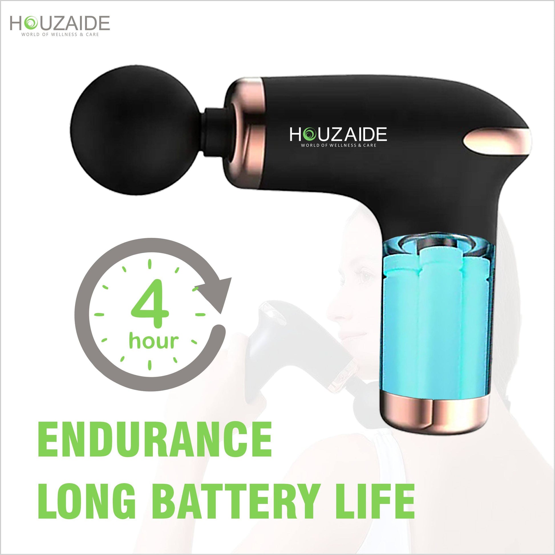 Houzaide massage gun with long battery life – 4-hour usage, rechargeable handheld design, perfect for full body pain relief