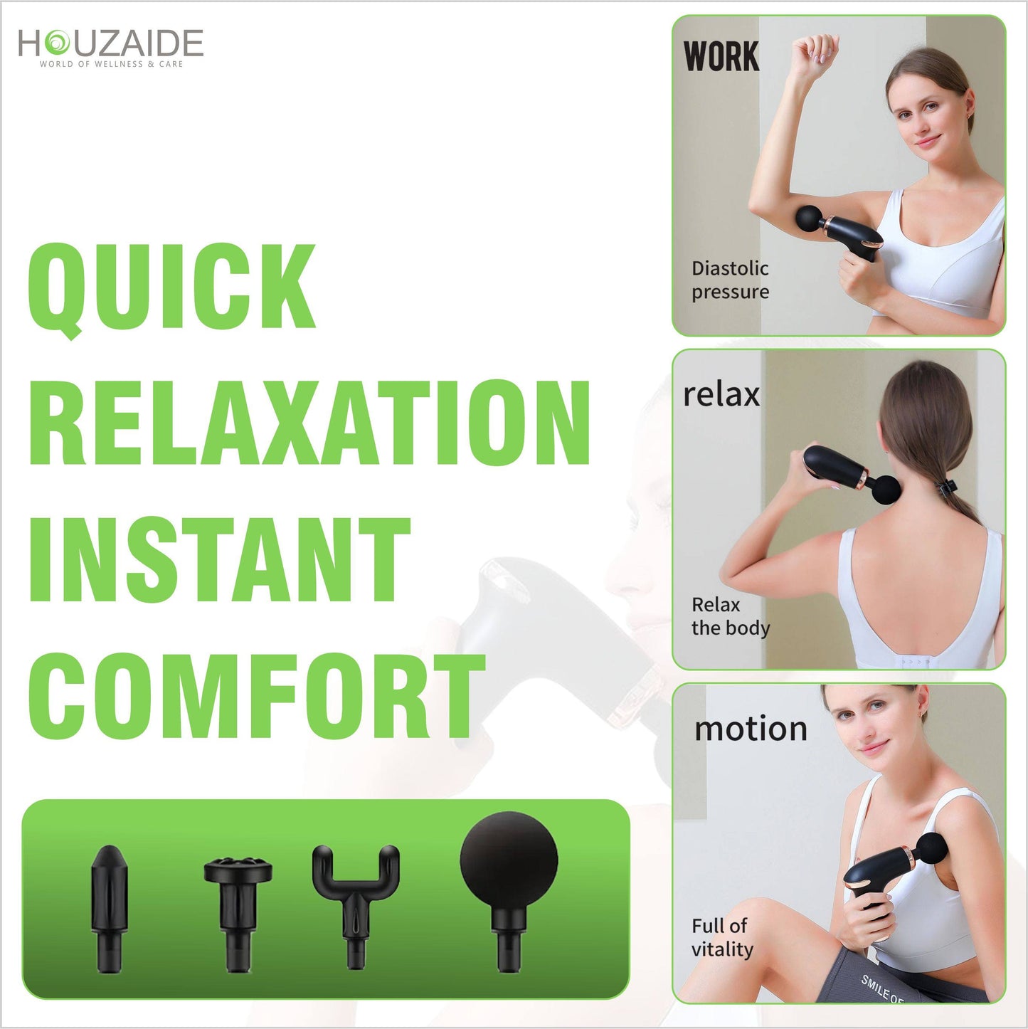 Houzaide massage gun for quick relaxation and instant comfort – full body massage with 4 interchangeable heads for arms, back, neck, and legs