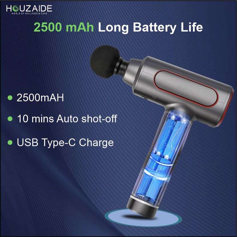 Houzaide HA804 massage gun with 2500mAh battery, USB Type-C charging, and 10-minute auto shut-off for safety and long-lasting performance