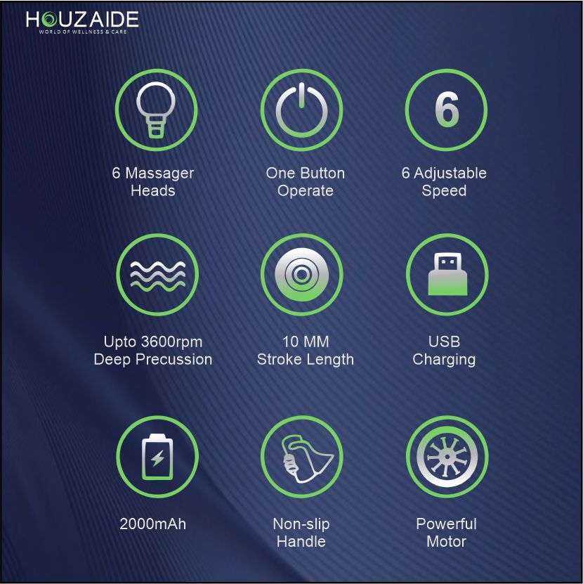Houzaide HA804 massage gun with 6 heads, 3600 RPM, 10mm stroke, 6-speed settings, USB charging, 2000mAh battery, and non-slip handle