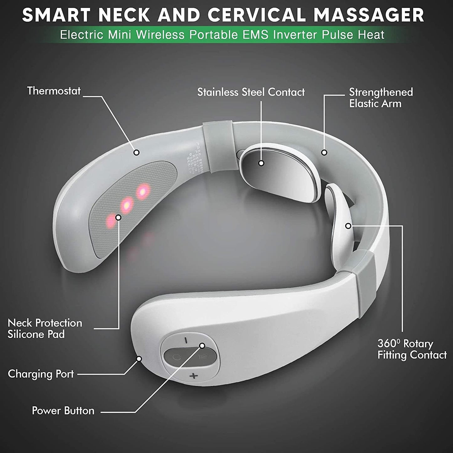 Cervical Massager with Advanced Features: Heat, TENS Pulse, Stainless Steel Contact, U-Shaped Design. Explore the Structural Excellence for Ultimate Neck Comfort.