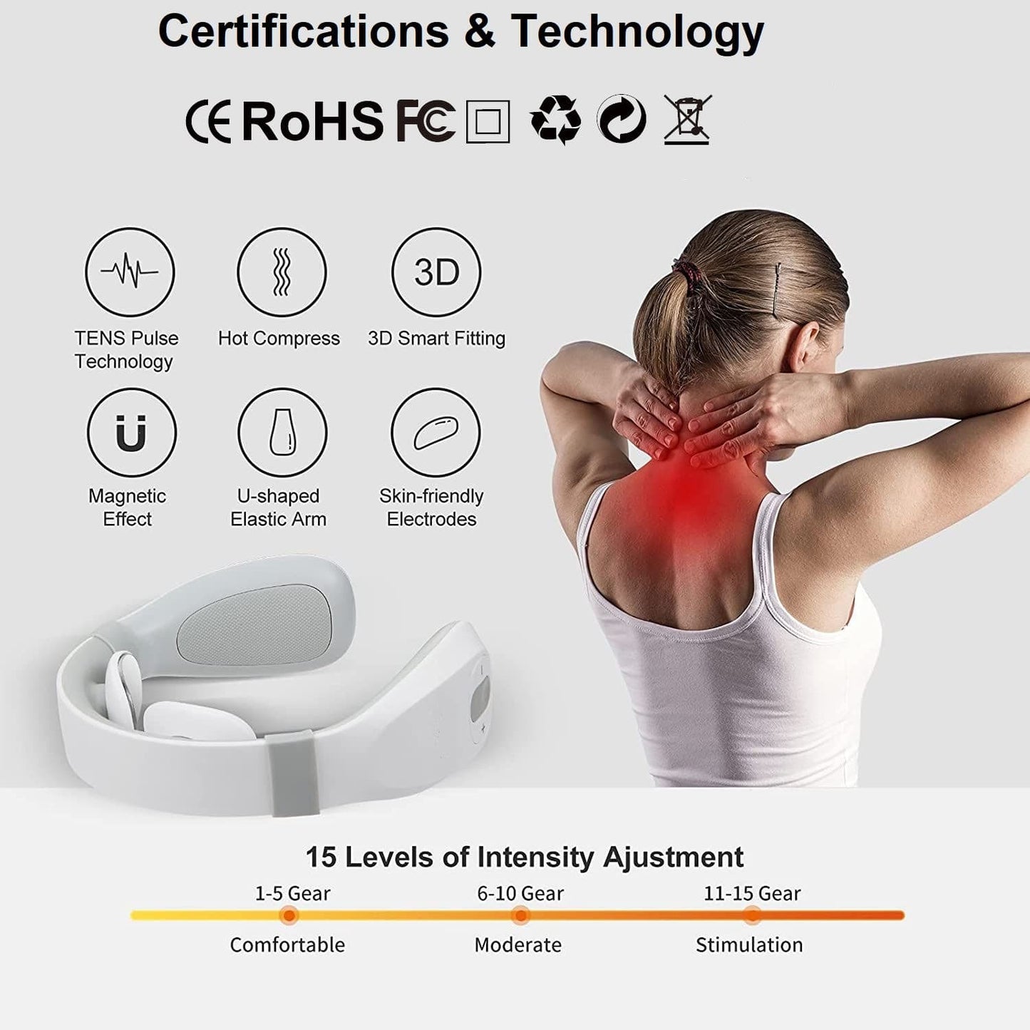 Heating TENS Pulse Massager: Ergonomic Design, Timer, Certified by CE, FCC, FDA, ROHS. Experience Top-Notch Relief with Our Global Standard Certified Neck Massager.