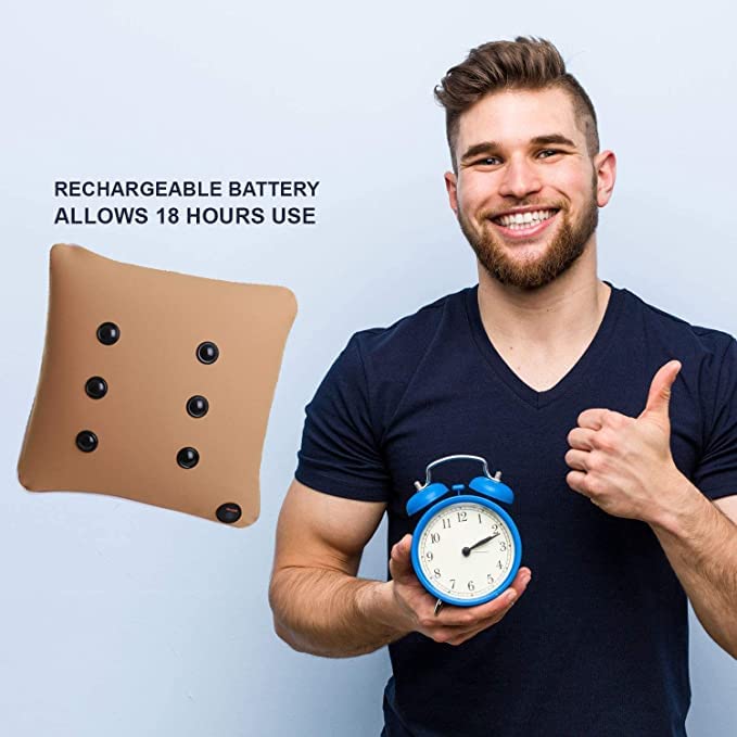 Man holding Houzaide Massager Cushion with clock